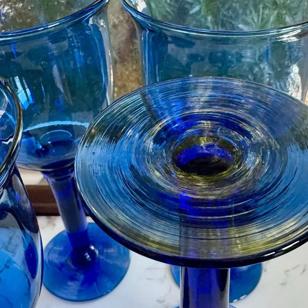 Vintage Mexican Blue Glass Goblets Set of 4 Tall Stemware